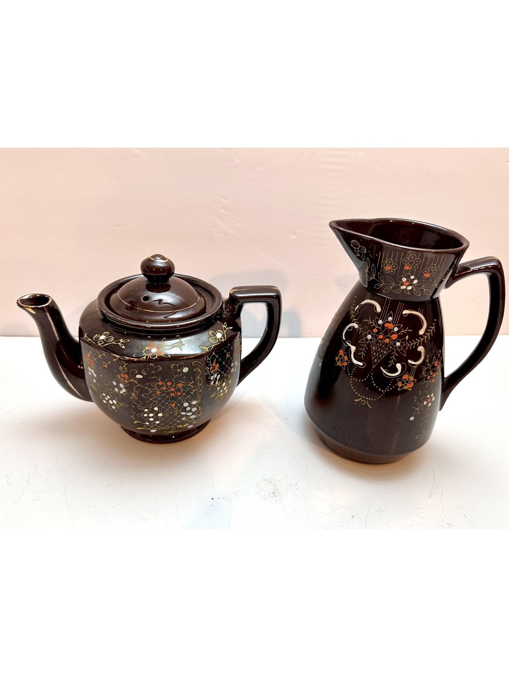 Vintage Japanese Moriage Redware Teapot/Pitcher Hand-Painted Set -